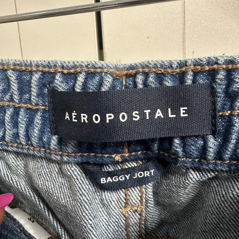 Aeropostale Baggy Jort Carpenter Women XS Blue Denim Raw Hem Non-Stretch 11